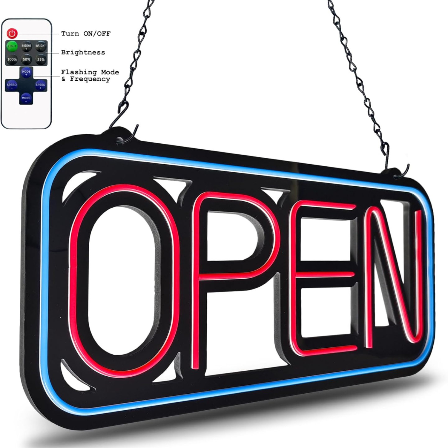 Bright LED Open Sign for Business – 32×16 Inch with Remote & Flashing Mode