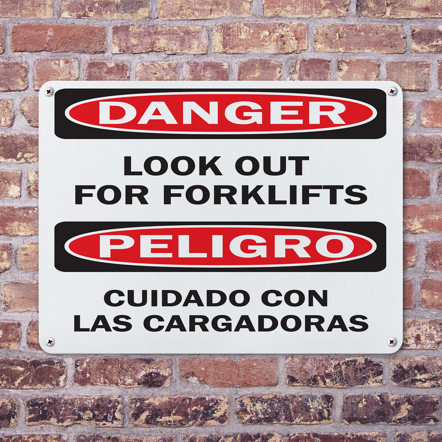 (2 Pack) Look Out For Forklifts Bilingual OSHA Danger Sign Decal Metal Plastic