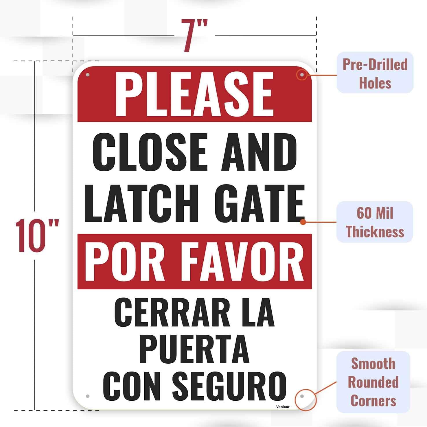 2PC Close And Latch Gate Signs 10 x 7 Inches – Aluminum – Bilingual Spanish -…