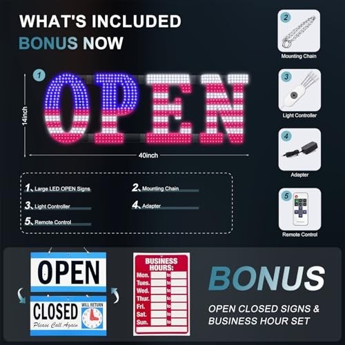 40″ x 14″ LED OPEN Sign with Remote, Dimmable Brightness, Flash Modes for Storef