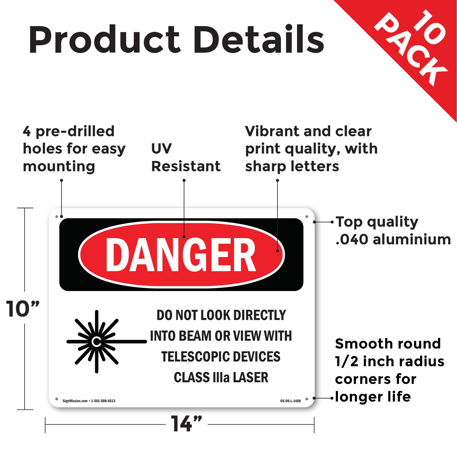 Do Not Look Directly Into Class IIIb Laser OSHA Danger Sign, Decal 5 or 10 Pack