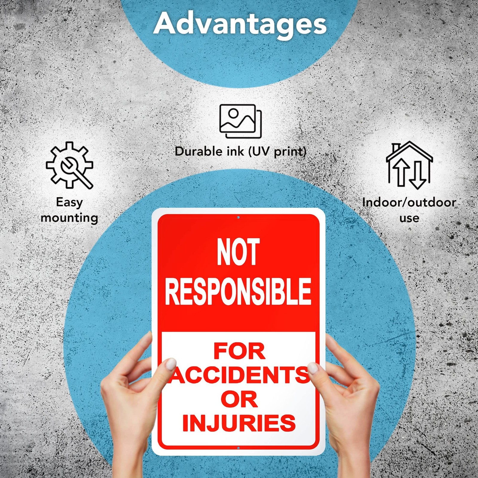 2-Pack Property Warning Sign: Not Responsible for Accidents or Injuries, 10″ x 7