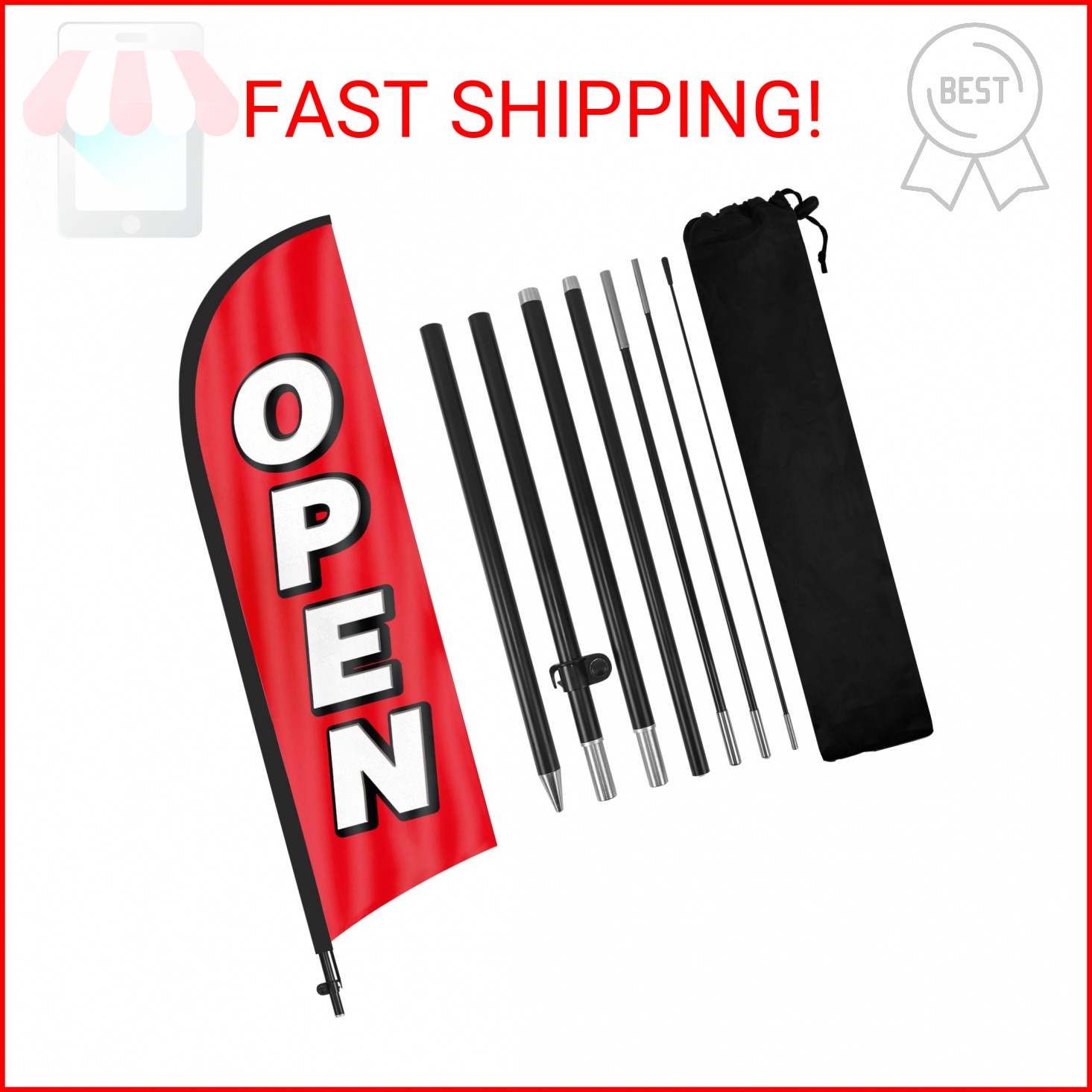 Feather Flag for Business with Pole and Ground Stake – 8ft Open Sign Advertising