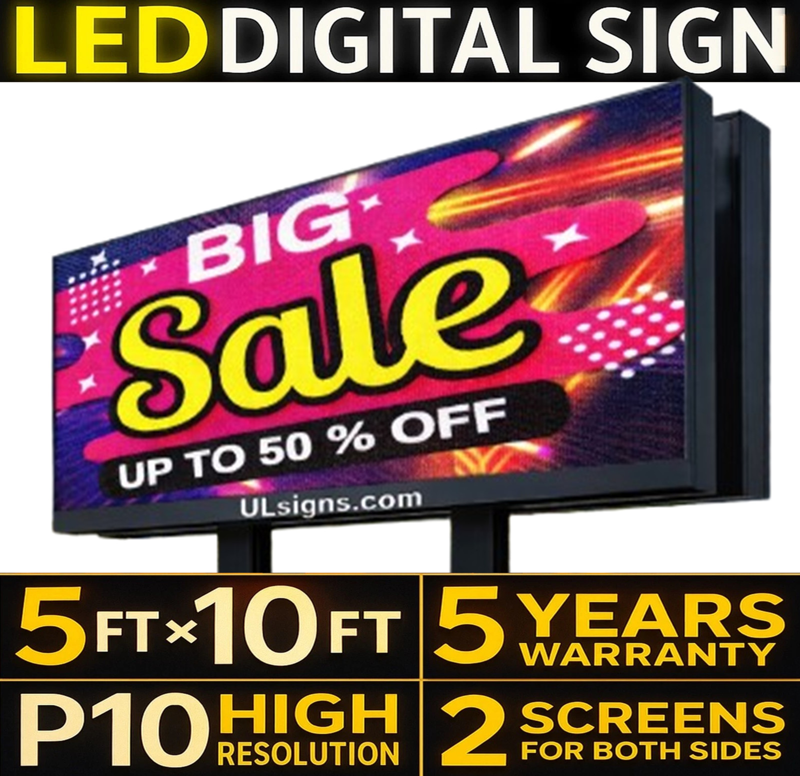 5′ x 10′ P10 Outdoor Double-Sided Full-Color LED Billboard Sign 5 Years Warranty