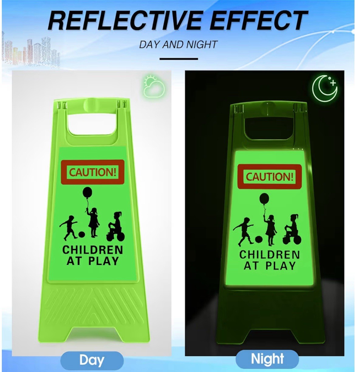 4pcs Reflective Kids at Play Sign Double Sided 24in Portable Handle Green