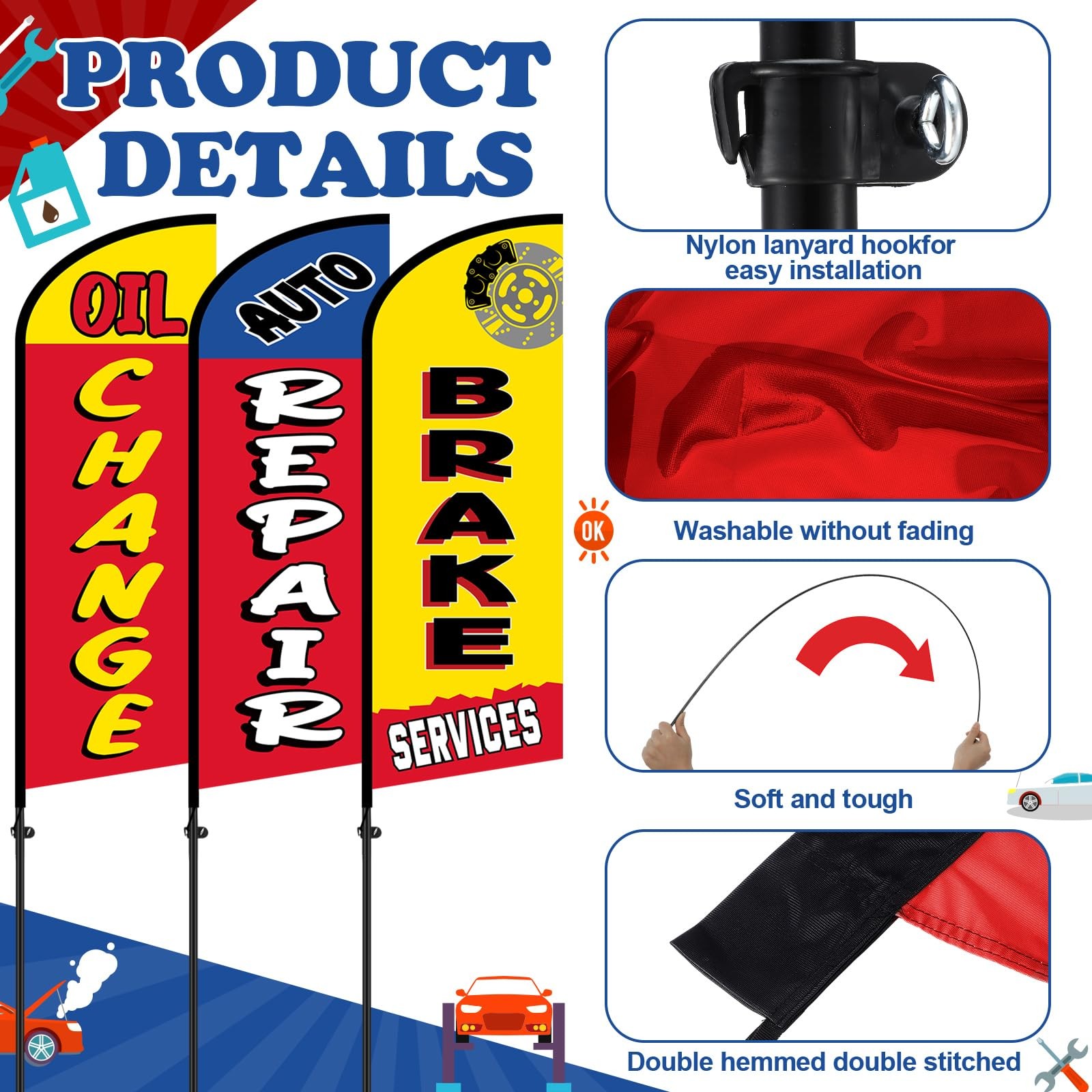 3 Sets Auto Repair Feather Flag with Pole Kit 7 ft Large Advertising Flags fo…