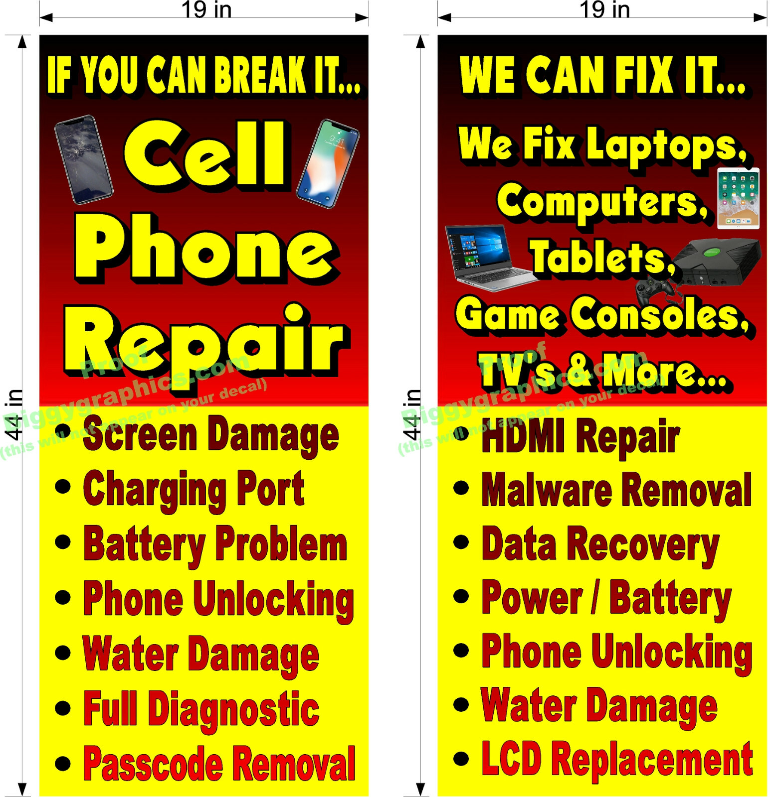 NEW! PERFORATED WINDOW VINYL DECALS 19″ X 44″ PAIR CELL PHONE LAPTOP REPAIRS
