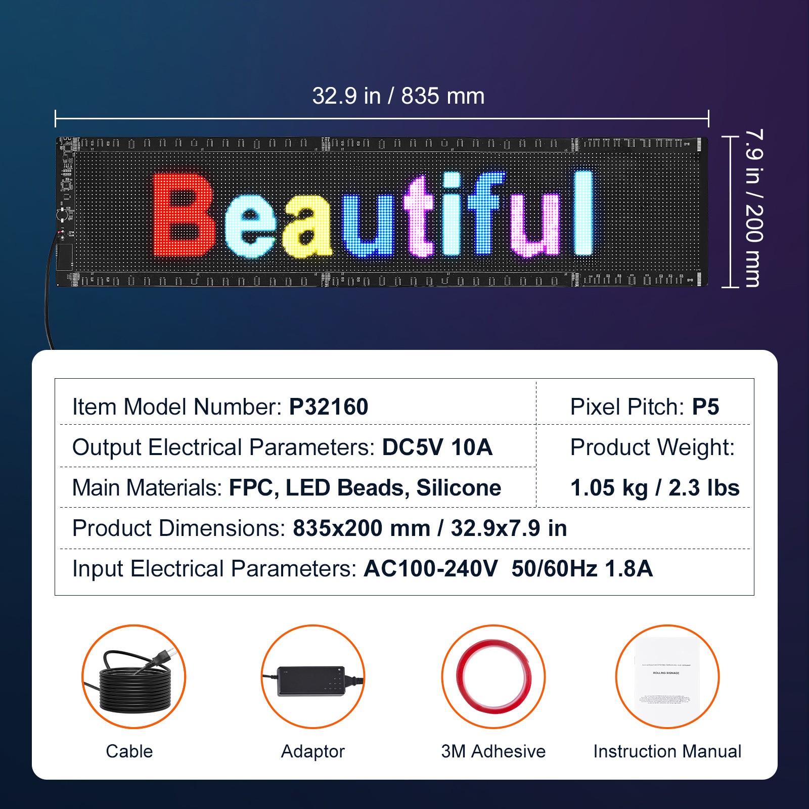 Uimoso 32.9″x8″ Programmable LED Sign Scrolling Display Board P5 Full Color