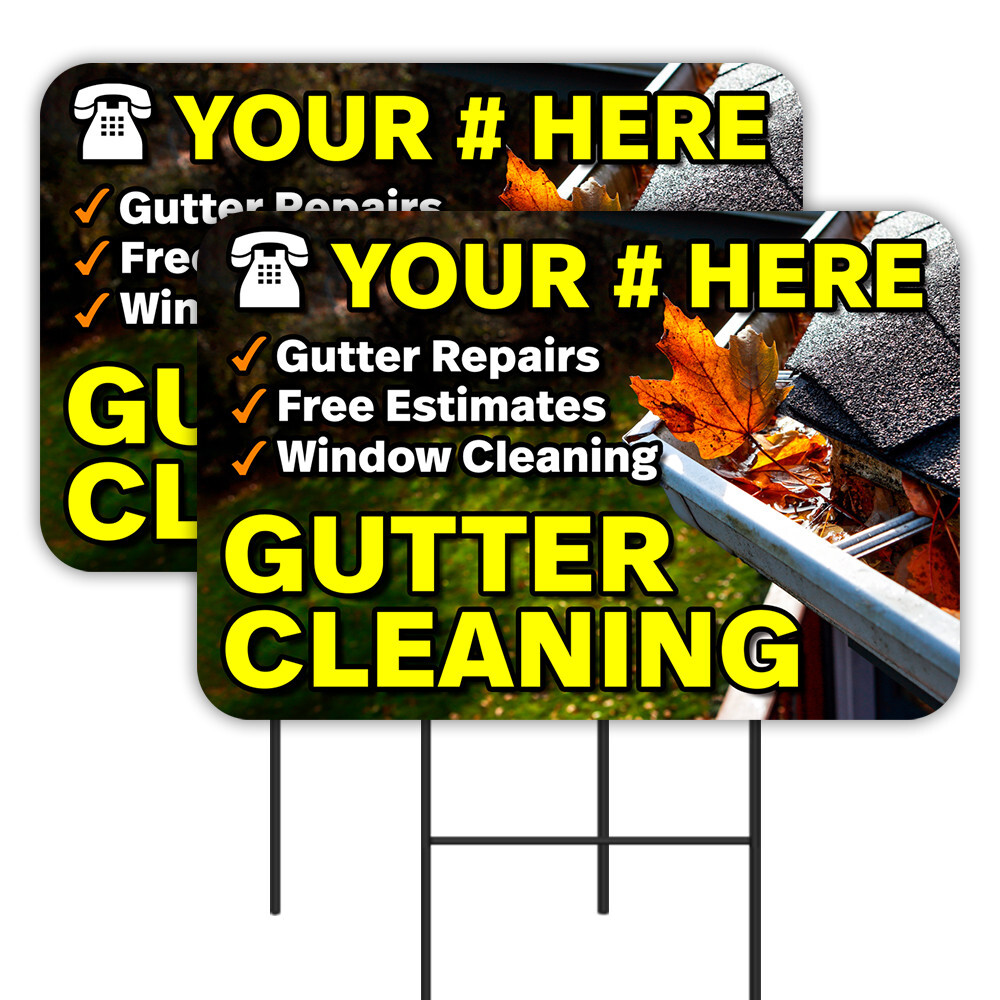 Gutter Cleaning – Customizable Phone Number 2 Pack Double-Sided Yard Signs