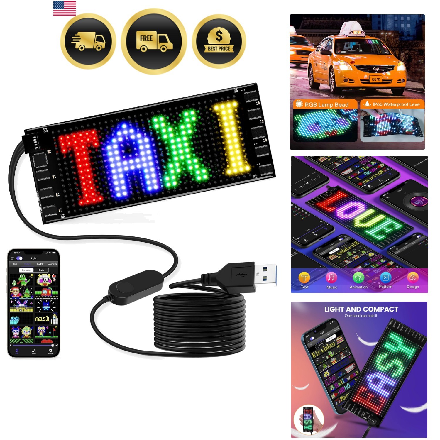 LED Sign for Car, 7”x3”Flexible LED Matrix Panel USB 5V Bluetooth Applicati…