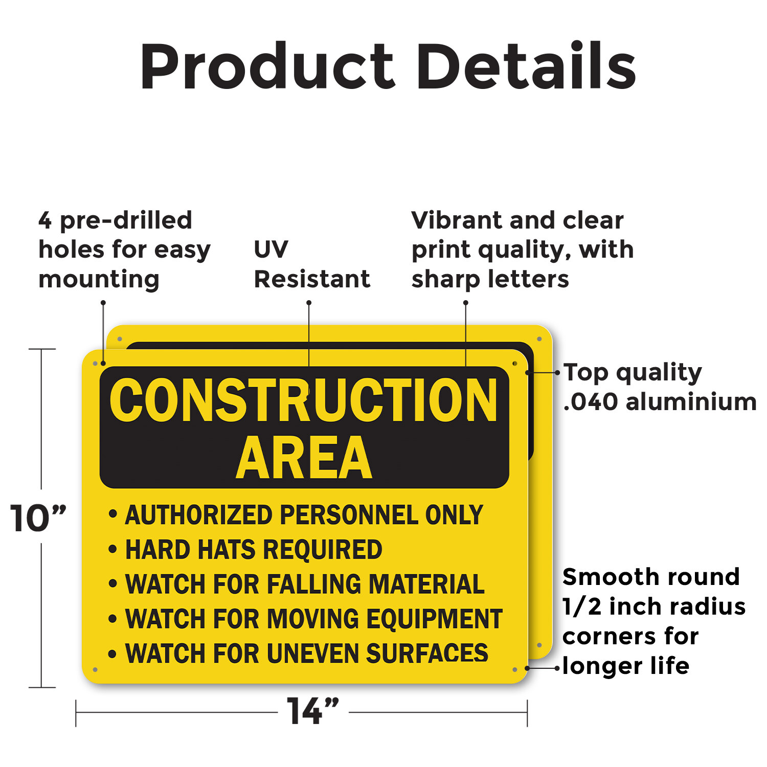 (2 Pack) Construction Area Only Hard Hats Required OSHA ANSI Sign