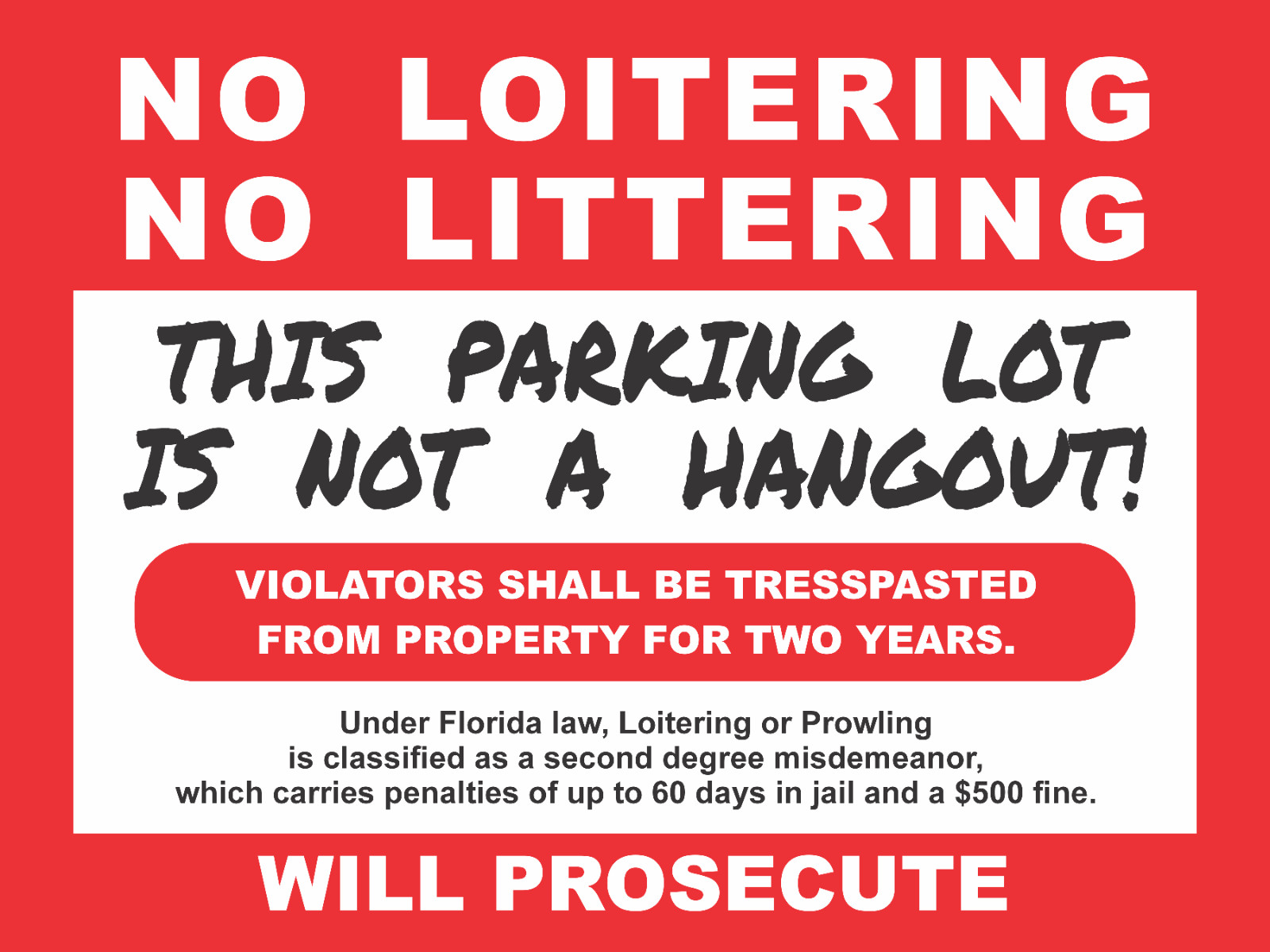 FLORIDA LAW No Loitering – Littering 24w x 18h Corrugated Plastic Sign Tresspass