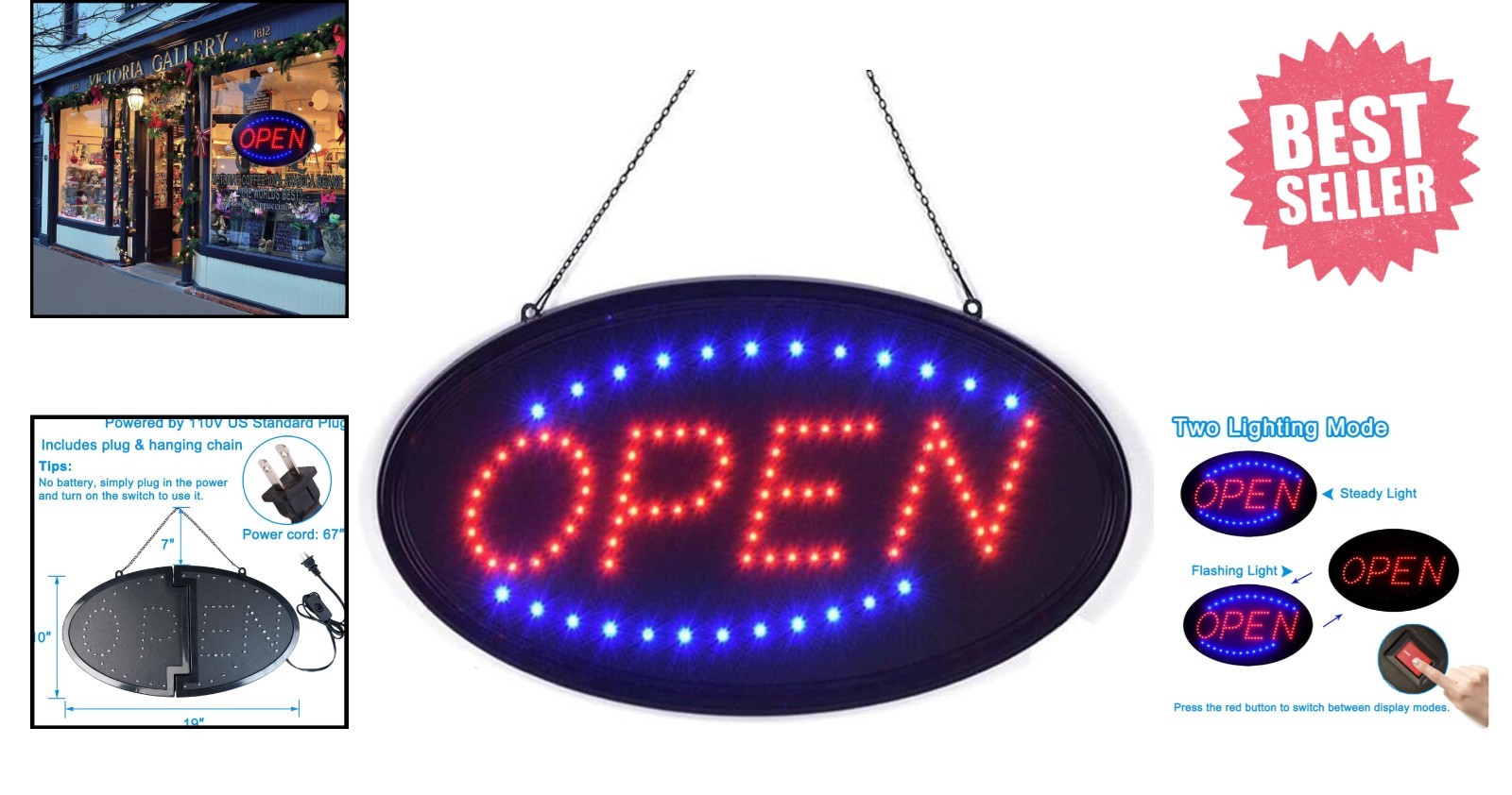 LED Advertisement Board 19″x10″ – Open Sign for Bars & Shops with 2 Modes
