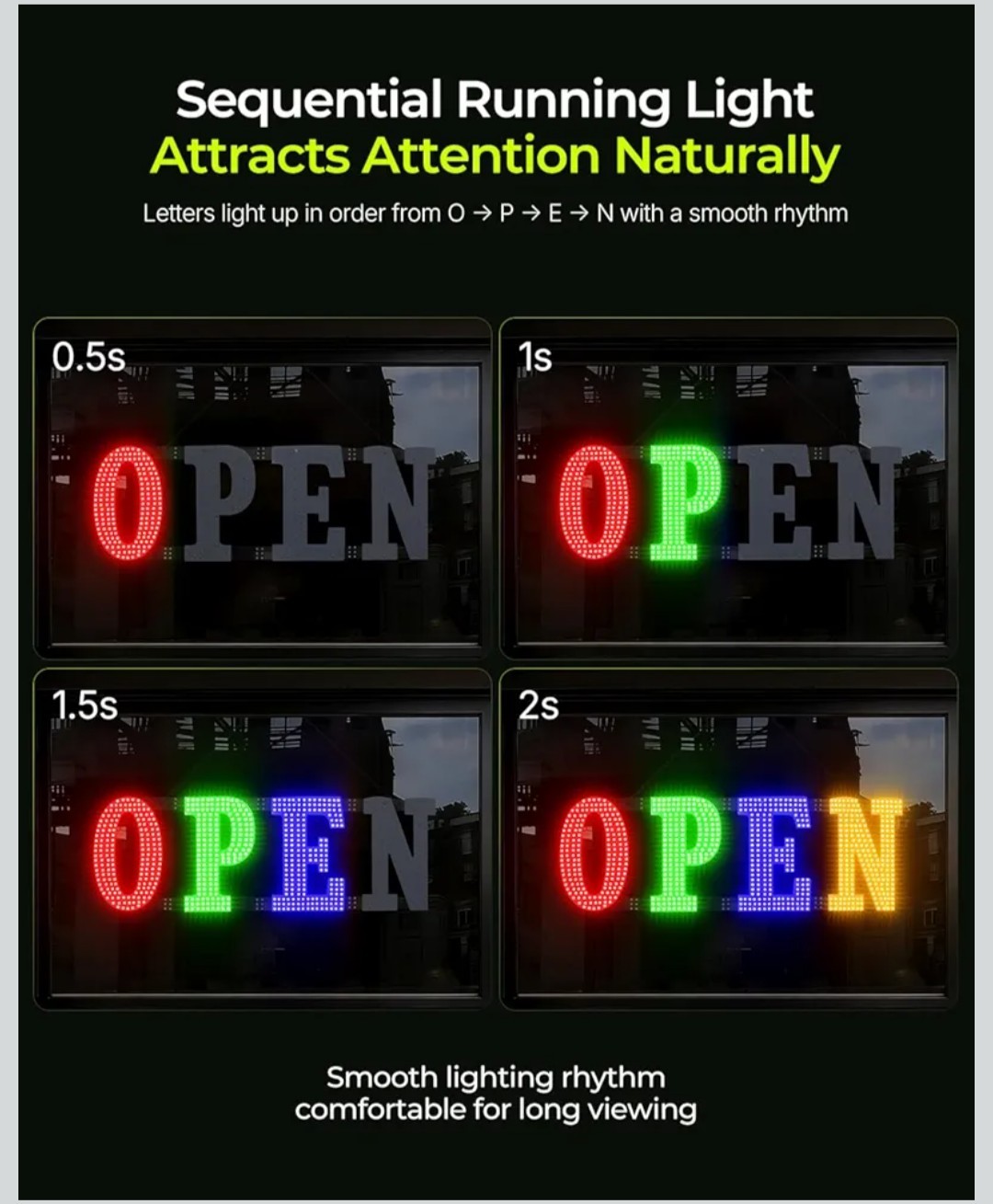 Multi-Color OPEN Sign, 40″ x 14″, Adjustable Brightness & Flash Speed, Remote