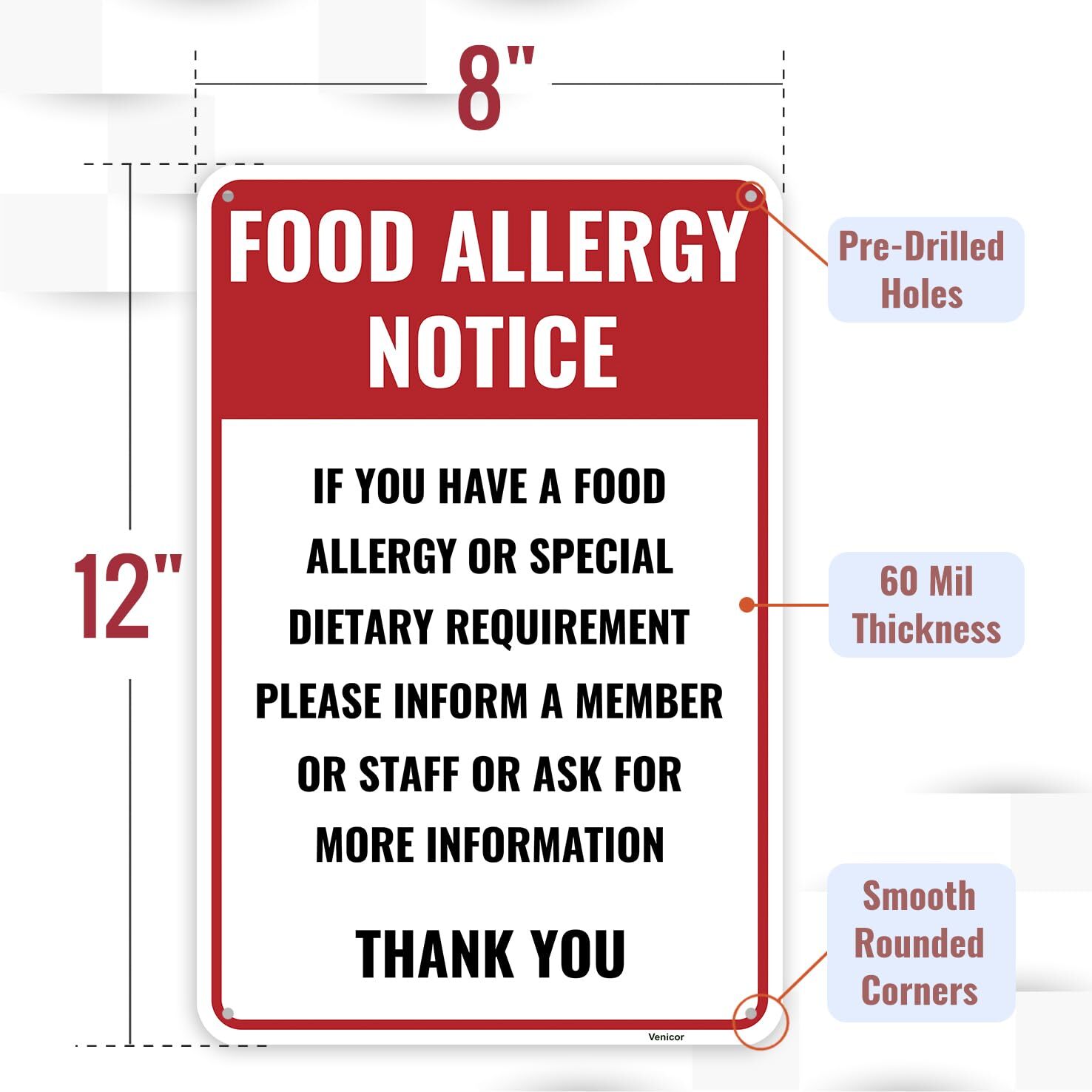 1PC Food Allergy Sign 12 x 8 Inches – Aluminum – Food Allergen Sign For Resta…