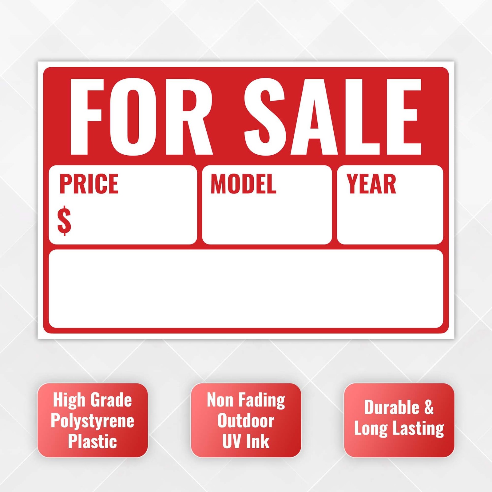 2PC For Sale Sign 12×8 Inch Polystyrene Weatherproof Car Vehicle Boat Window