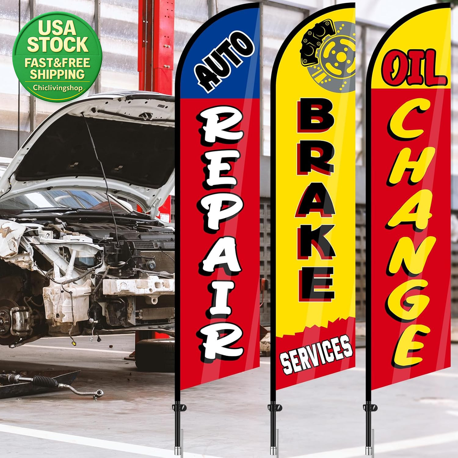 Auto Repair Shop Feather Flags 3 Pack 12X2.5Ft Windless Advertising For
