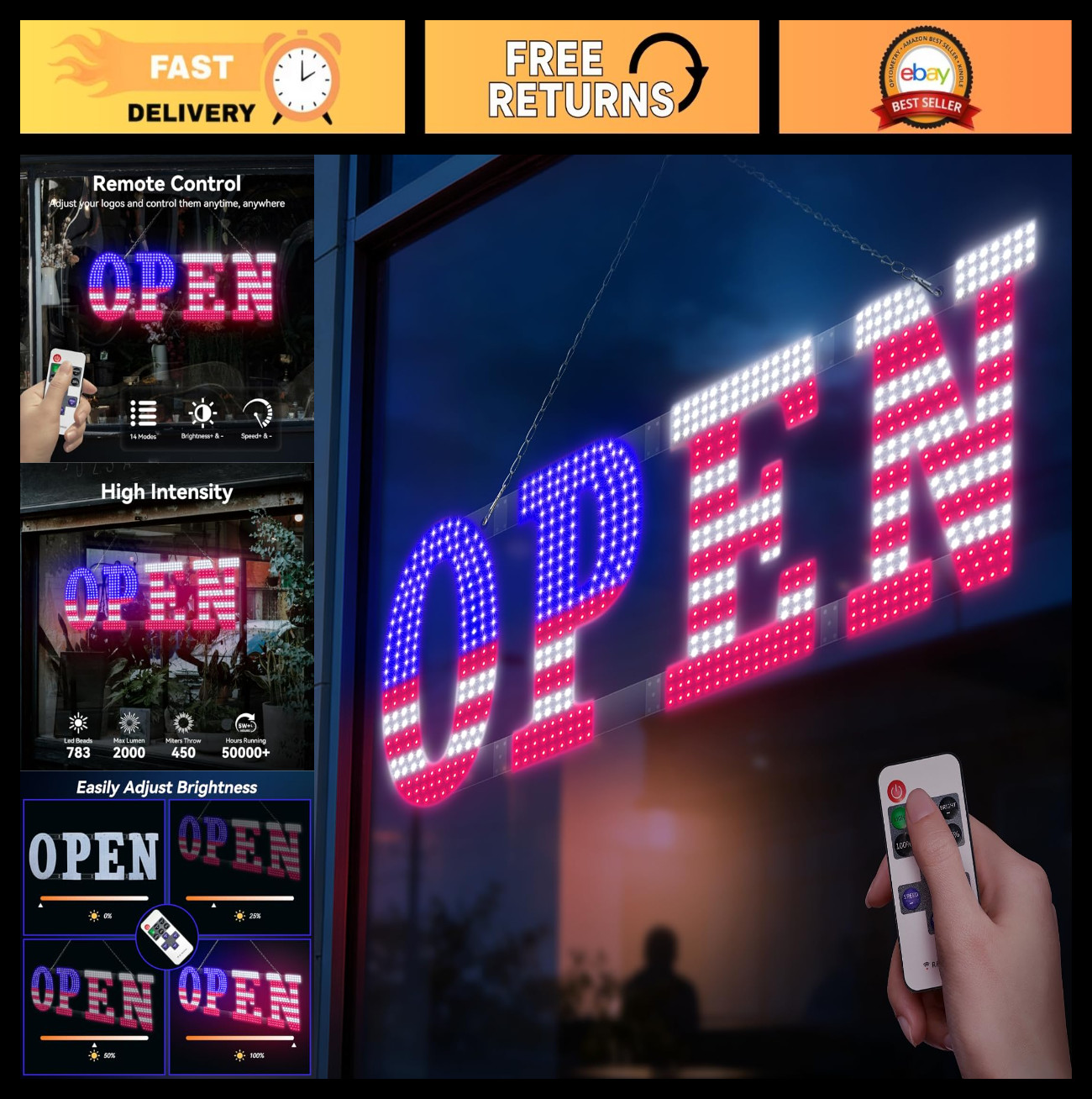 40″ x 14″ LED OPEN Sign with Remote, Dimmable Brightness, Flash Modes for Storef