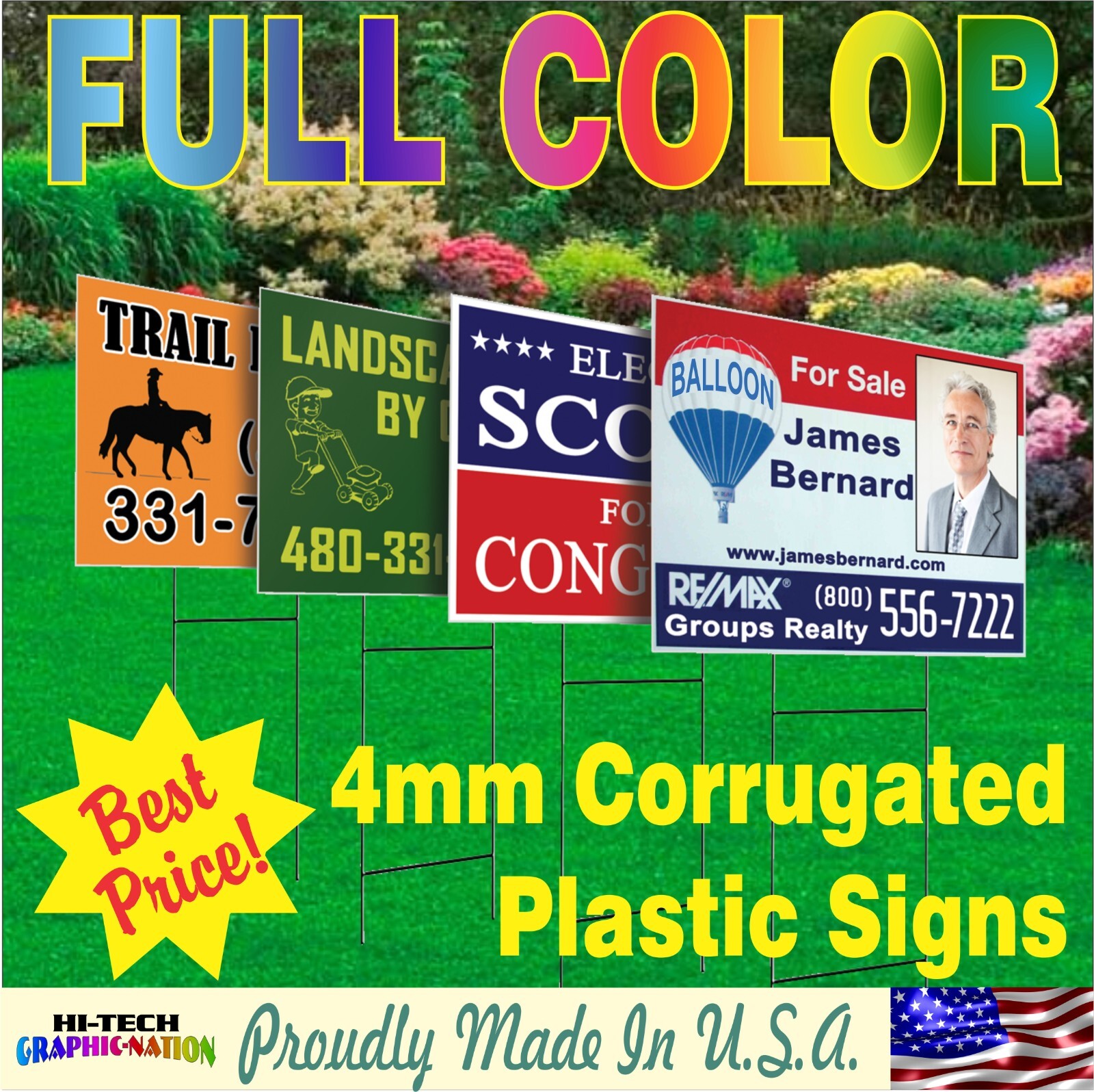 36 x 24 Yard Signs – Custom Corrugated – Full Color – 2 Sided – Stakes Optional