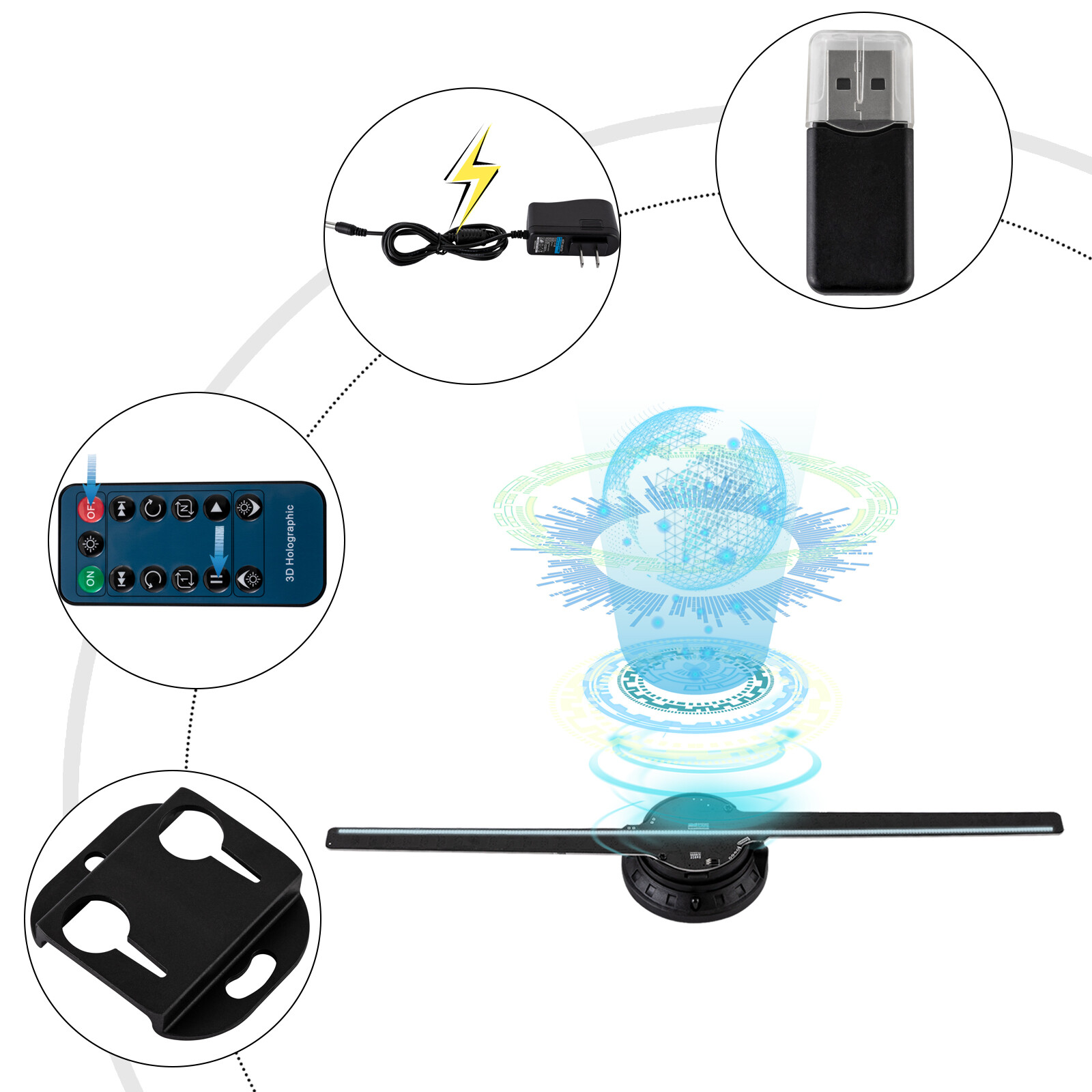 3D 1080P LED Holographic Fan Hologram Fan Projector Light RGB Sign Bar w/Control