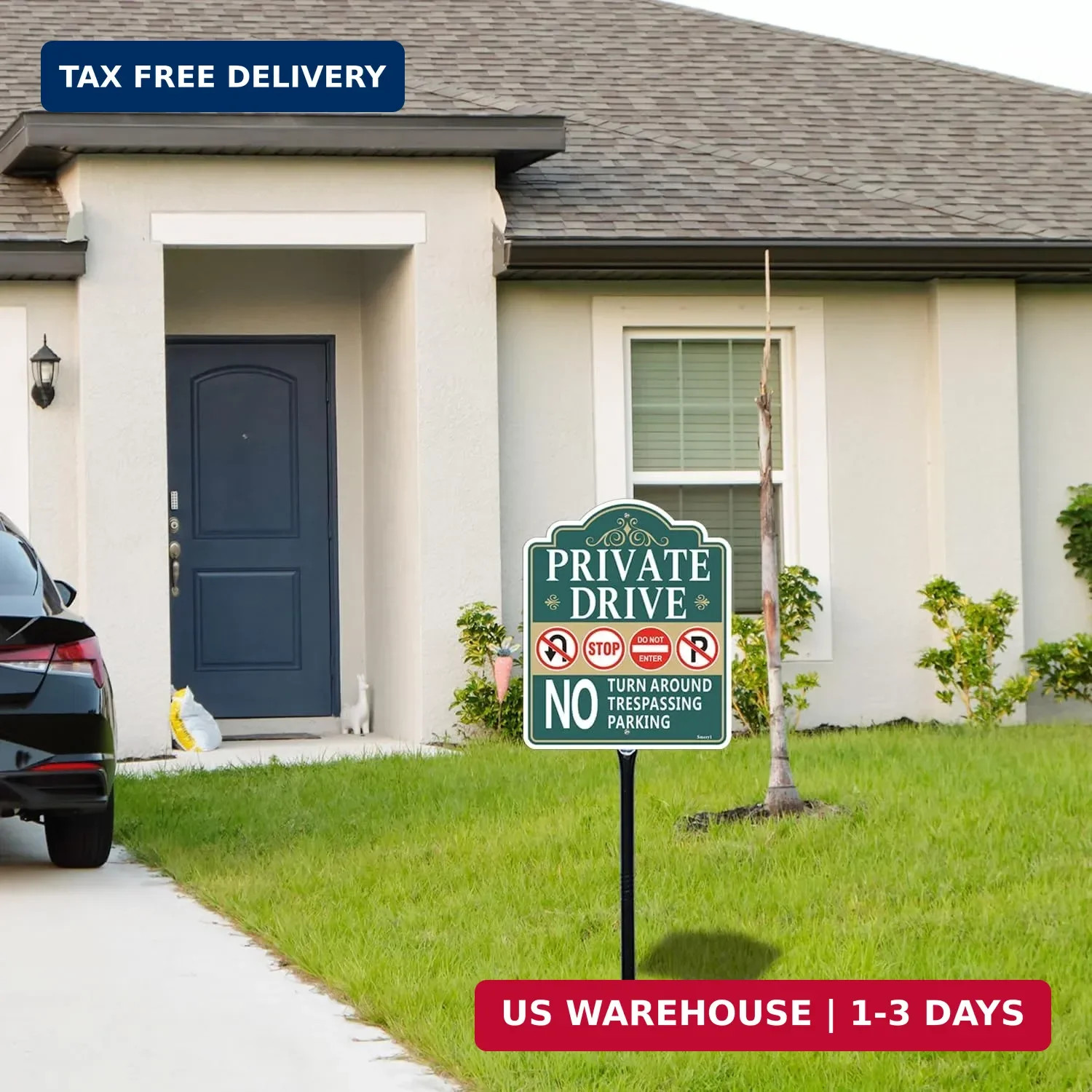 Private Drive No Turn Around Sign with 34.6″ Stake for Yard, 12″ x 10″ Private D
