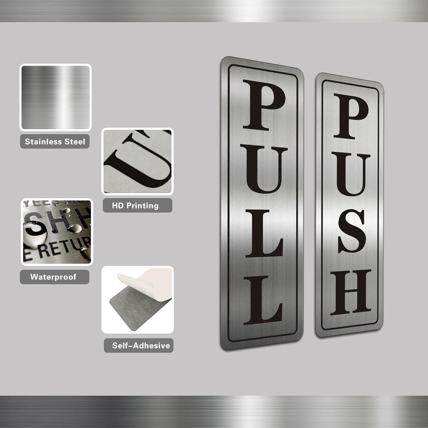 Metal Stainless Steel push pull signs door Self Adhesive 5.5×1.7in (Classic)