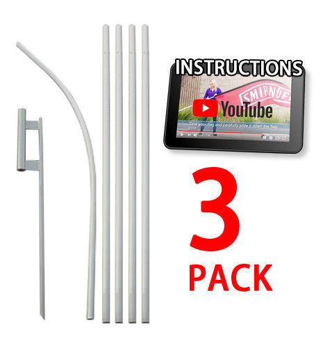 3 PACK – Feather Flutter Swooper Flag 16′ POLE + SPIKE Ground Stake Mount KIT