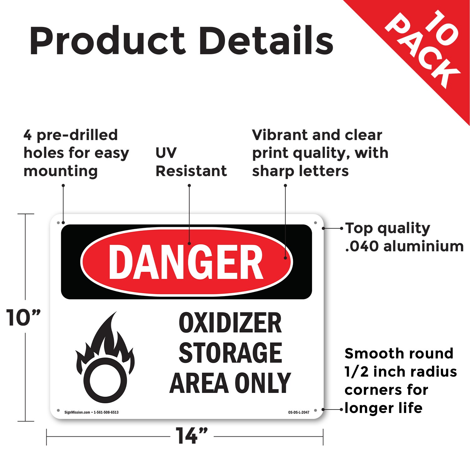 Oxidizer Storage Area Only OSHA Danger Sign Metal, Plastic, Decal 5 or 10 Pack