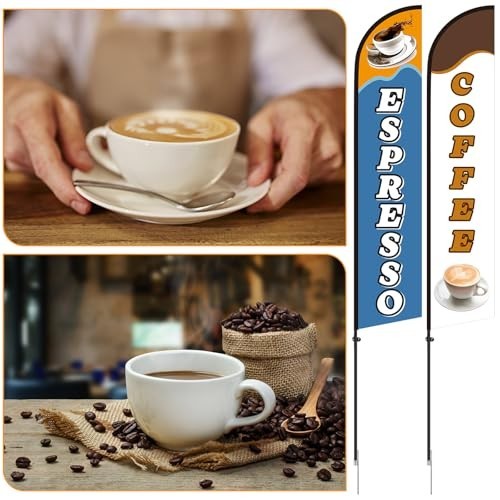 2 Set Coffee Feather Flags 15 Ft Swooper Kit – Windless Espresso Sign for Shops