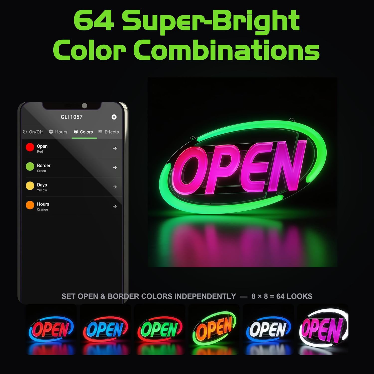 Super-Bright LED Open Sign for Business 15X32 in – 64 Color Combos via Bluetooth