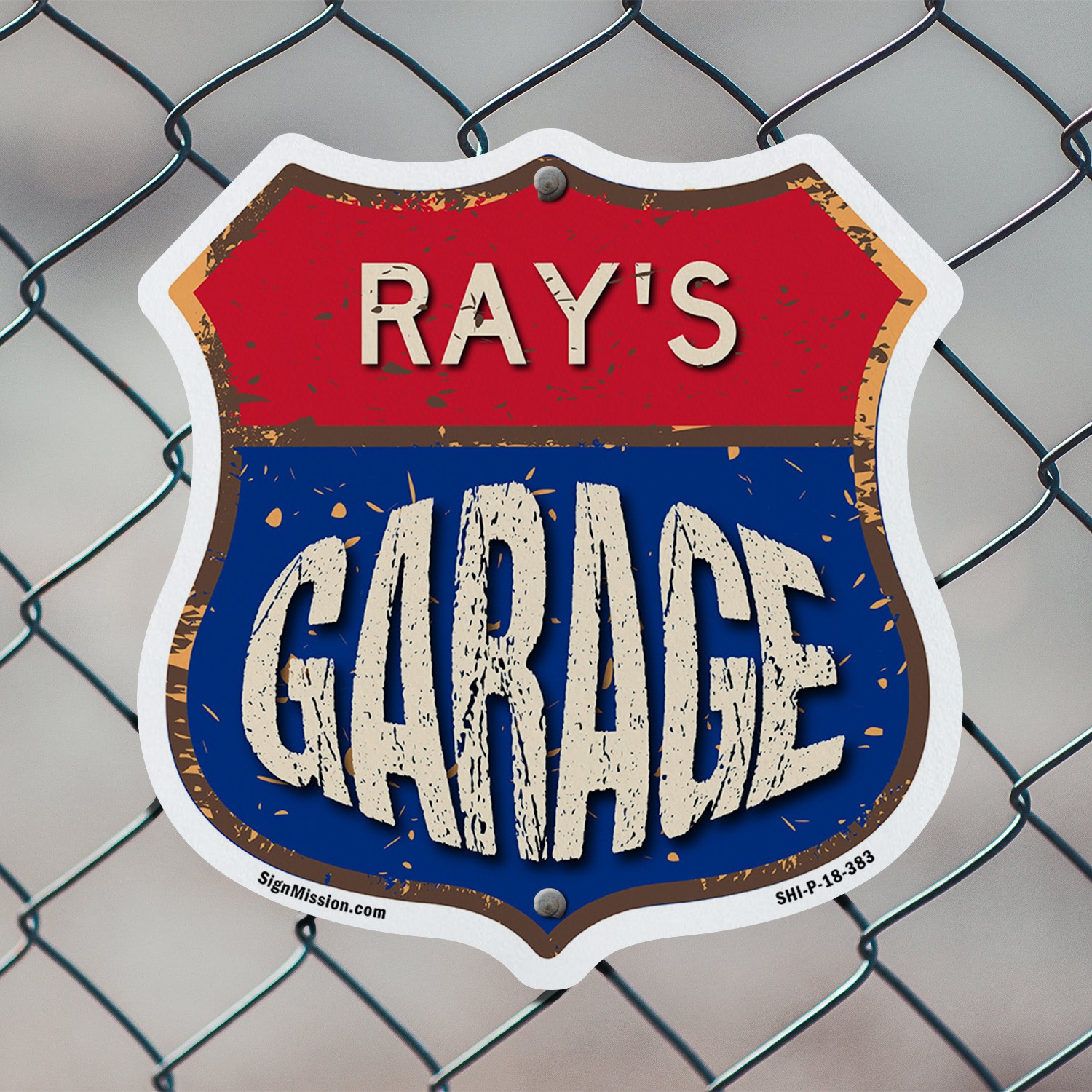 Ray’s Garage Shield Shaped Sign Weather Resistant Crafted in the USA