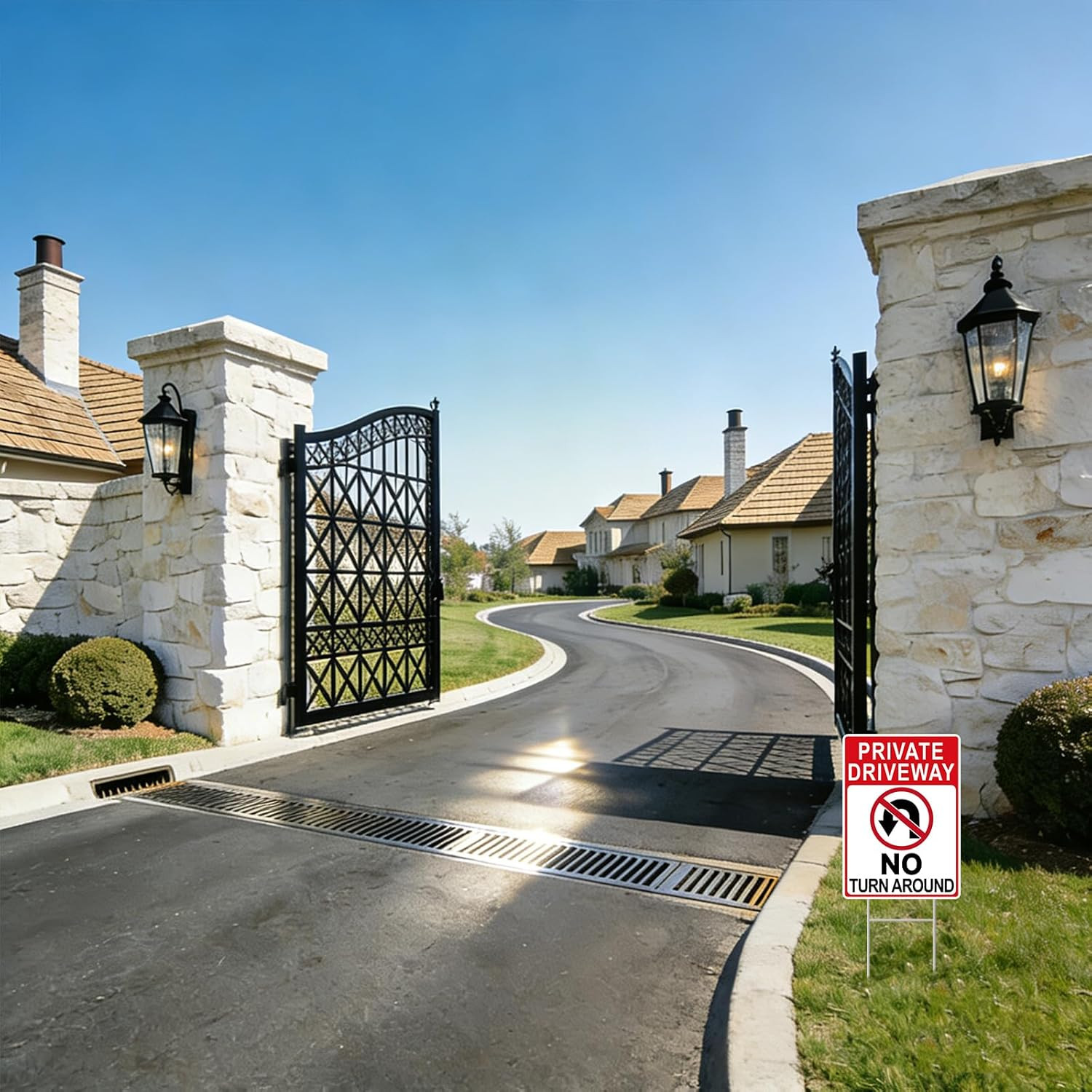 Private Driveway No Turnaround Signs 14″x10″, 2 Pack with H-Stakes and Tape