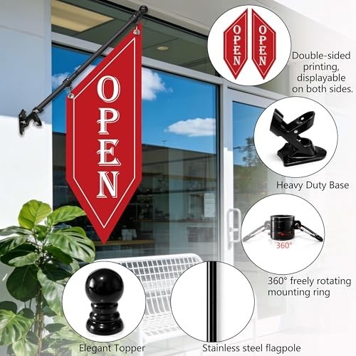 Double-Sided OPEN Flag with Pole Kit – Heavy Duty Outdoor Banner Sign for Shops