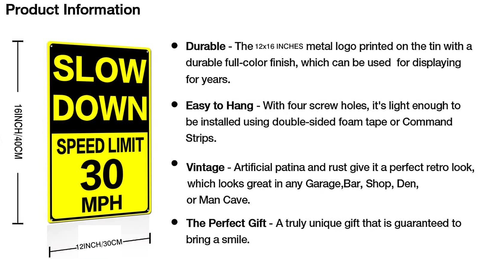 12×16 Inch Slow Down Speed Limit 30 MPH Metal Traffic Street Road Sign