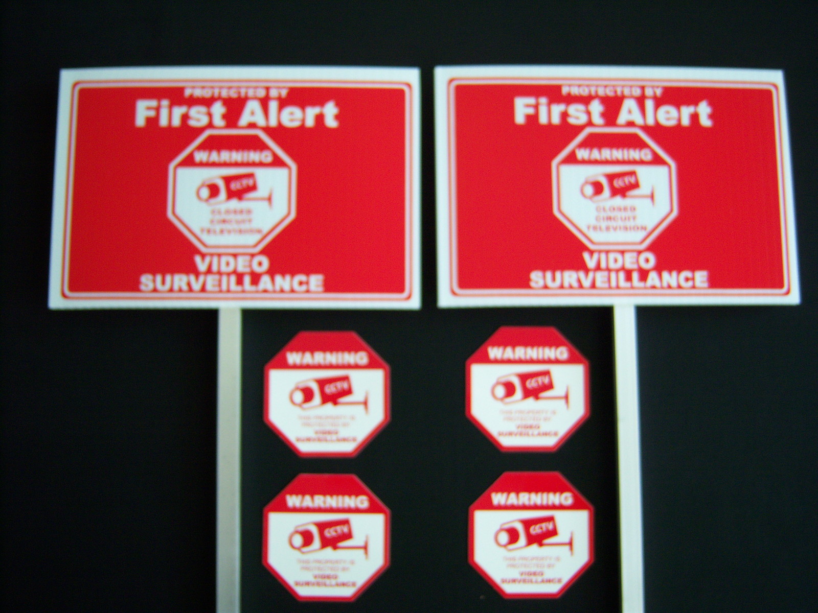 2 FIRST ALERT …VIDEO SURVEILLANCE SIGNS + 4 DECALS – 2 STAKES ..#PS-418