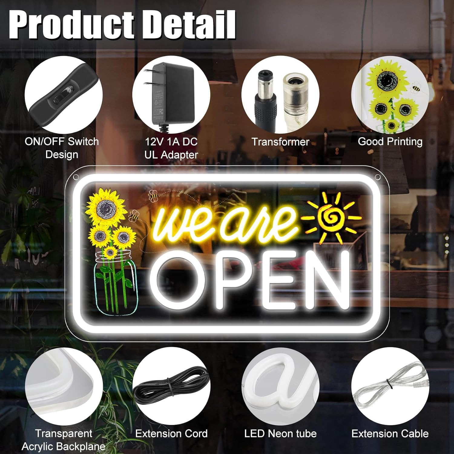 LED Neon Open Sign 16.5x9in Business Window Light Decor