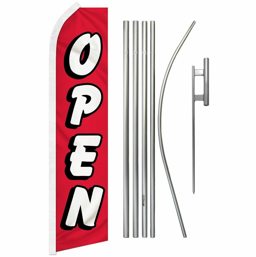 “OPEN” Advertising Super Flag & Pole Kit red & white