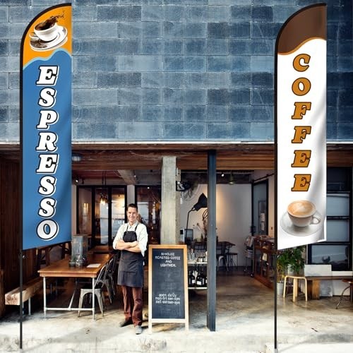 2 Set Coffee Feather Flags 15 Ft Swooper Kit – Windless Espresso Sign for Shops