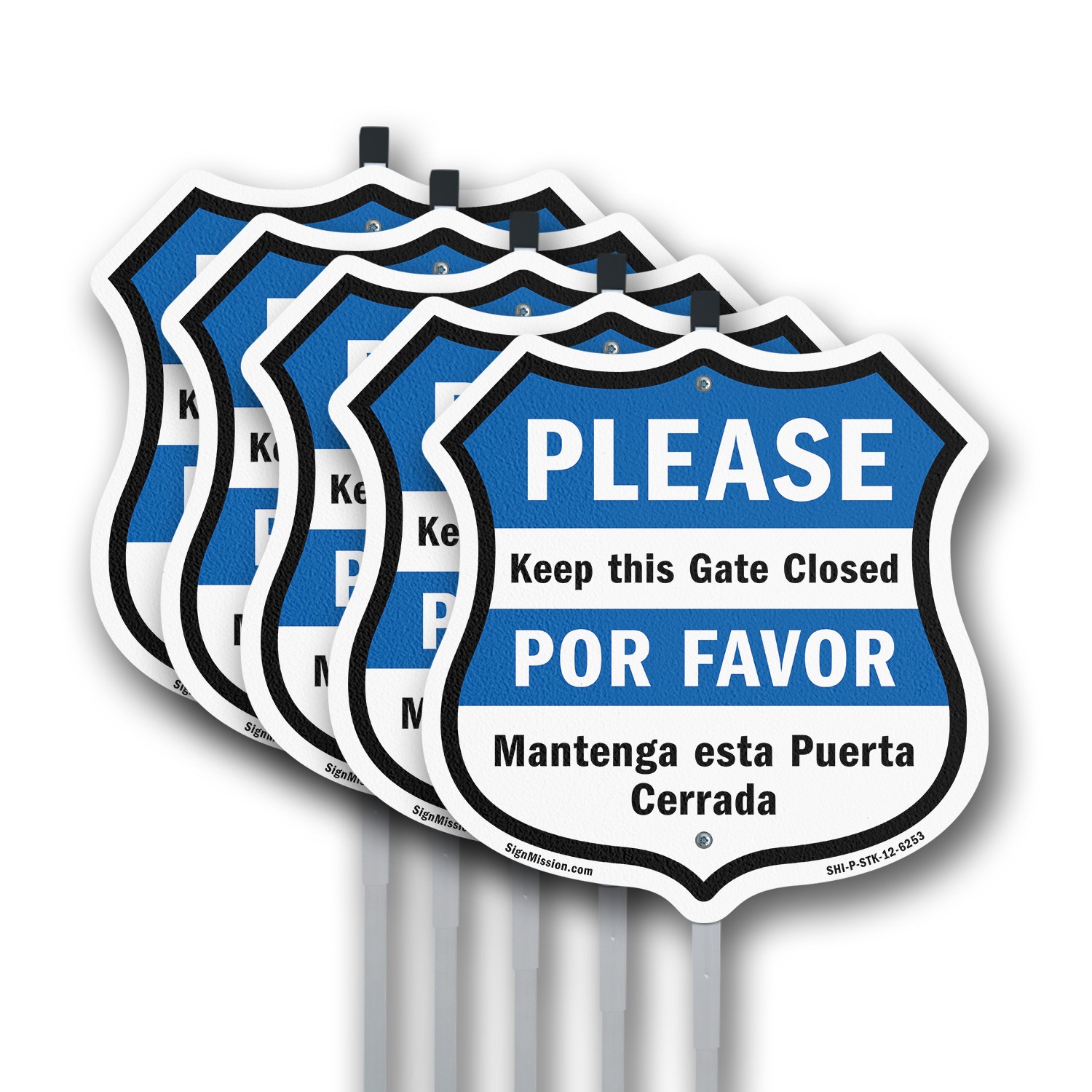 Keep Gate Closed Sign Bilingual English / Spanish Shield Shaped Sign With Stake