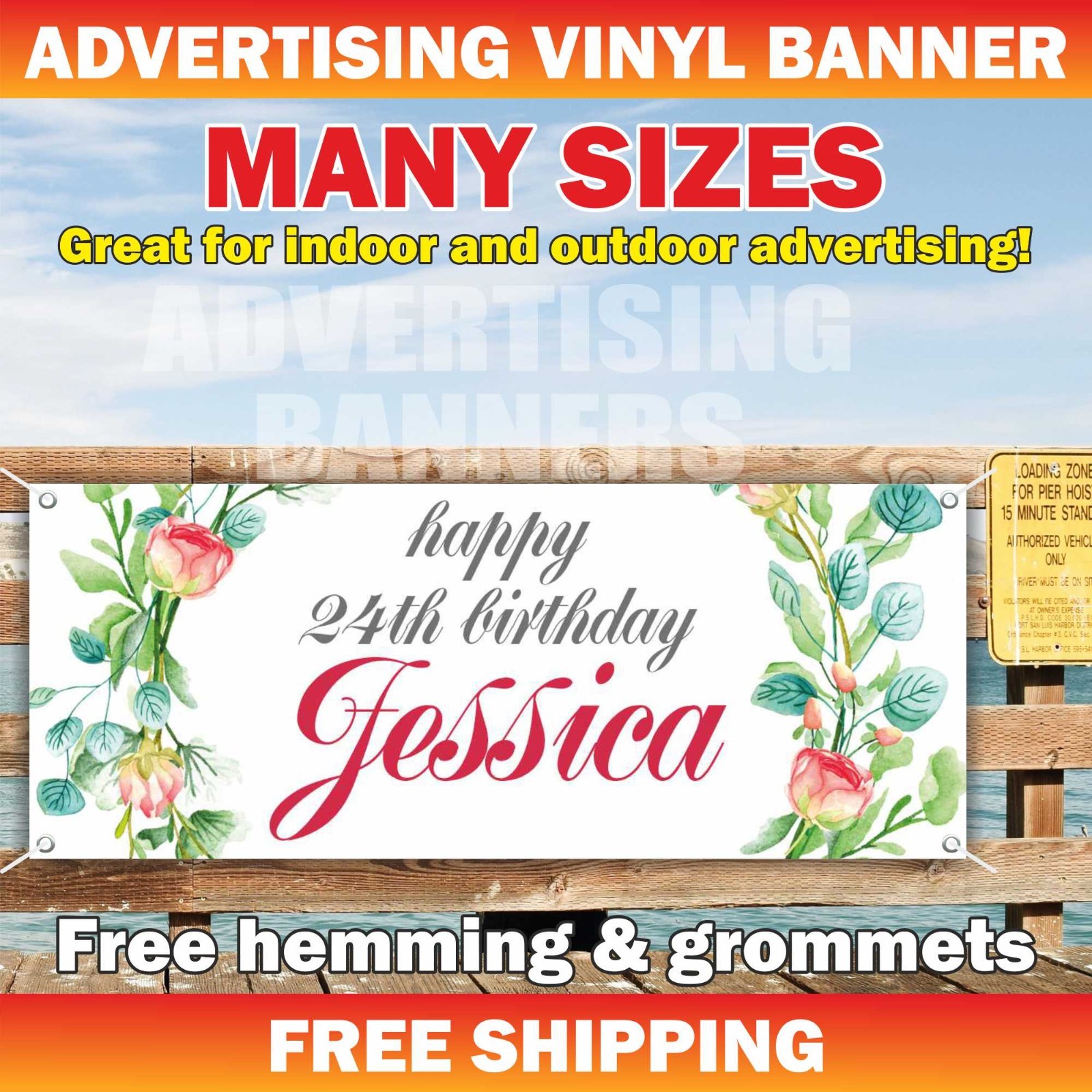 Happy 24th Birthday Advertising Banner Vinyl Sign Custom Name Text Event Holiday