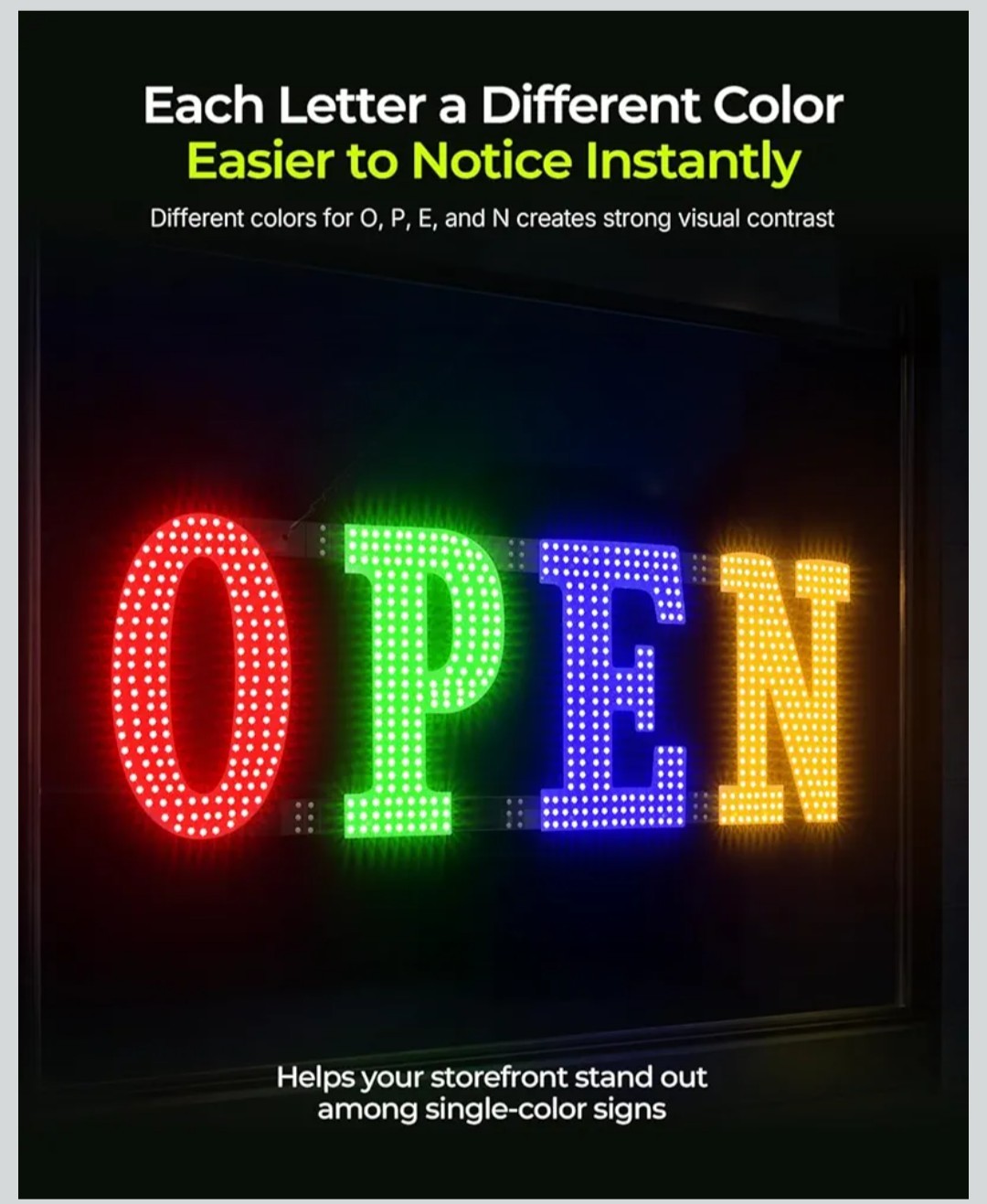 Multi-Color OPEN Sign, 40″ x 14″, Adjustable Brightness & Flash Speed, Remote