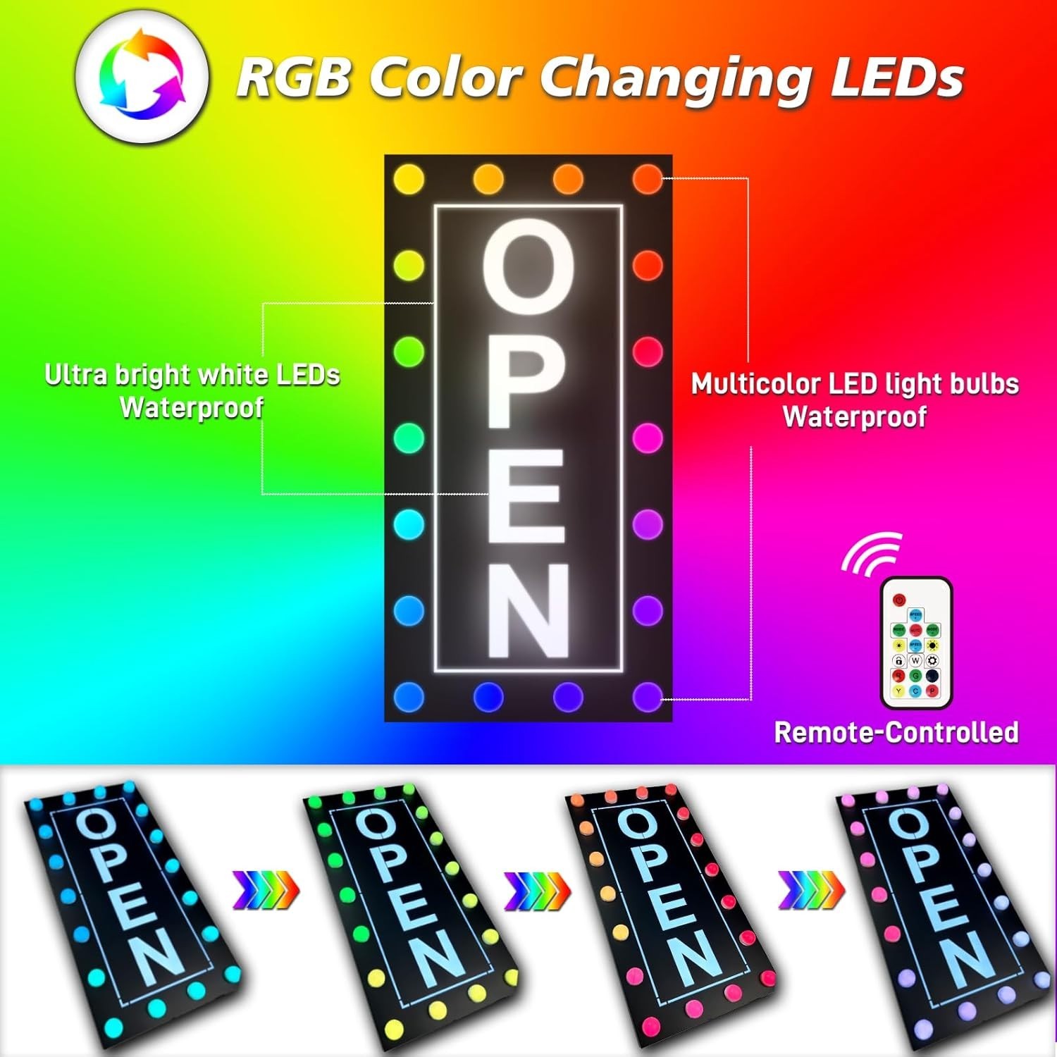 Vibrant Waterproof LED Open Sign – Color Changing RGB for Outdoor Business Use