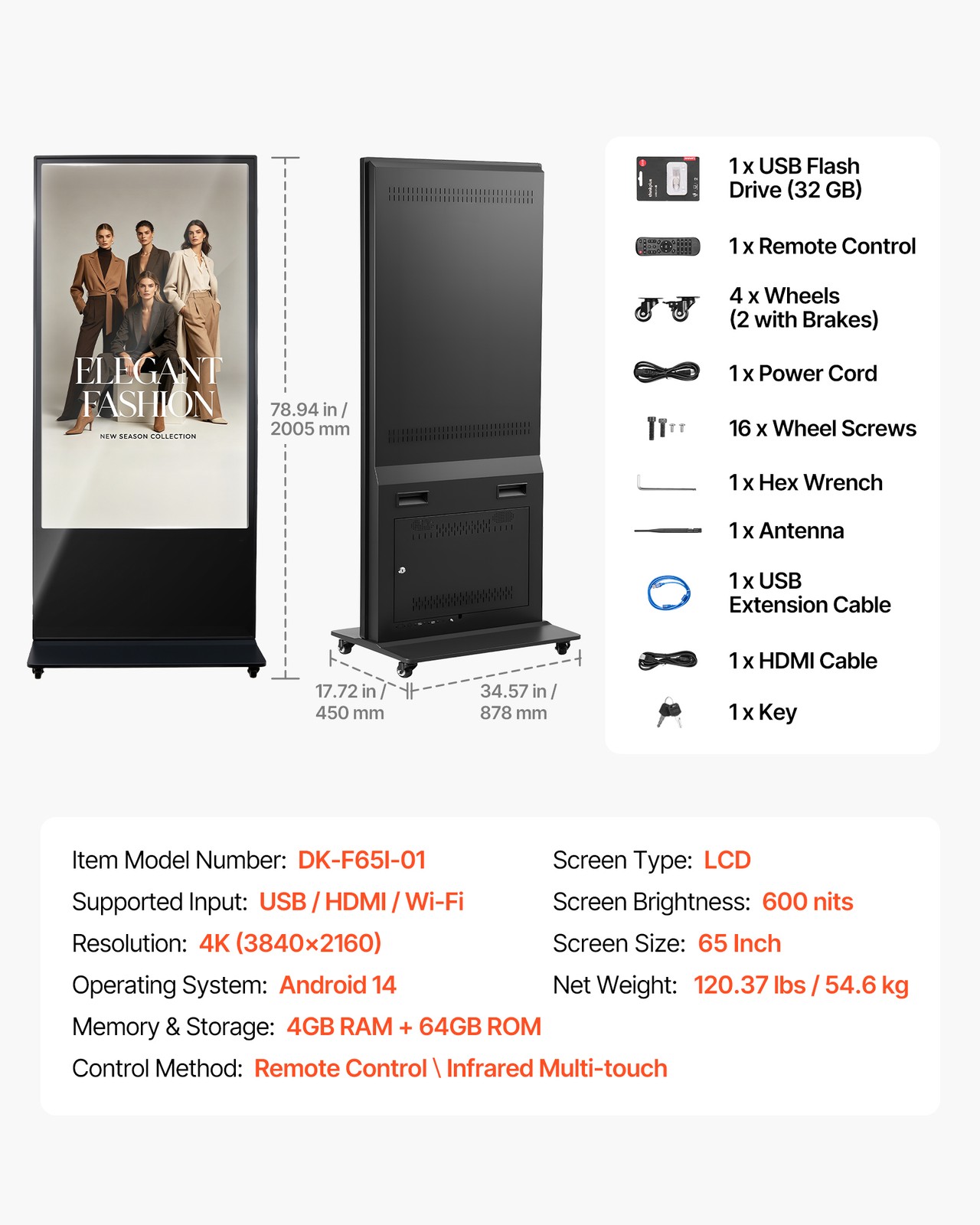 VEVOR 65 in Indoor Digital Signage Floor Standing Advertising Display Kiosk 4K
