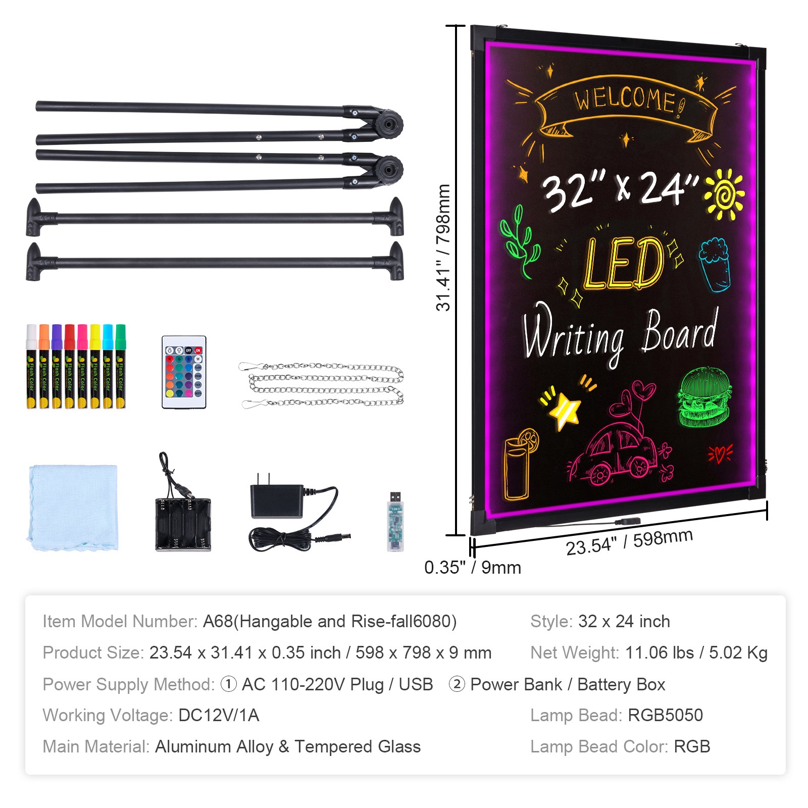 Uimoso LED Message Writing Board 32″x24″ Illuminated Erasable Lighted Chalkboard