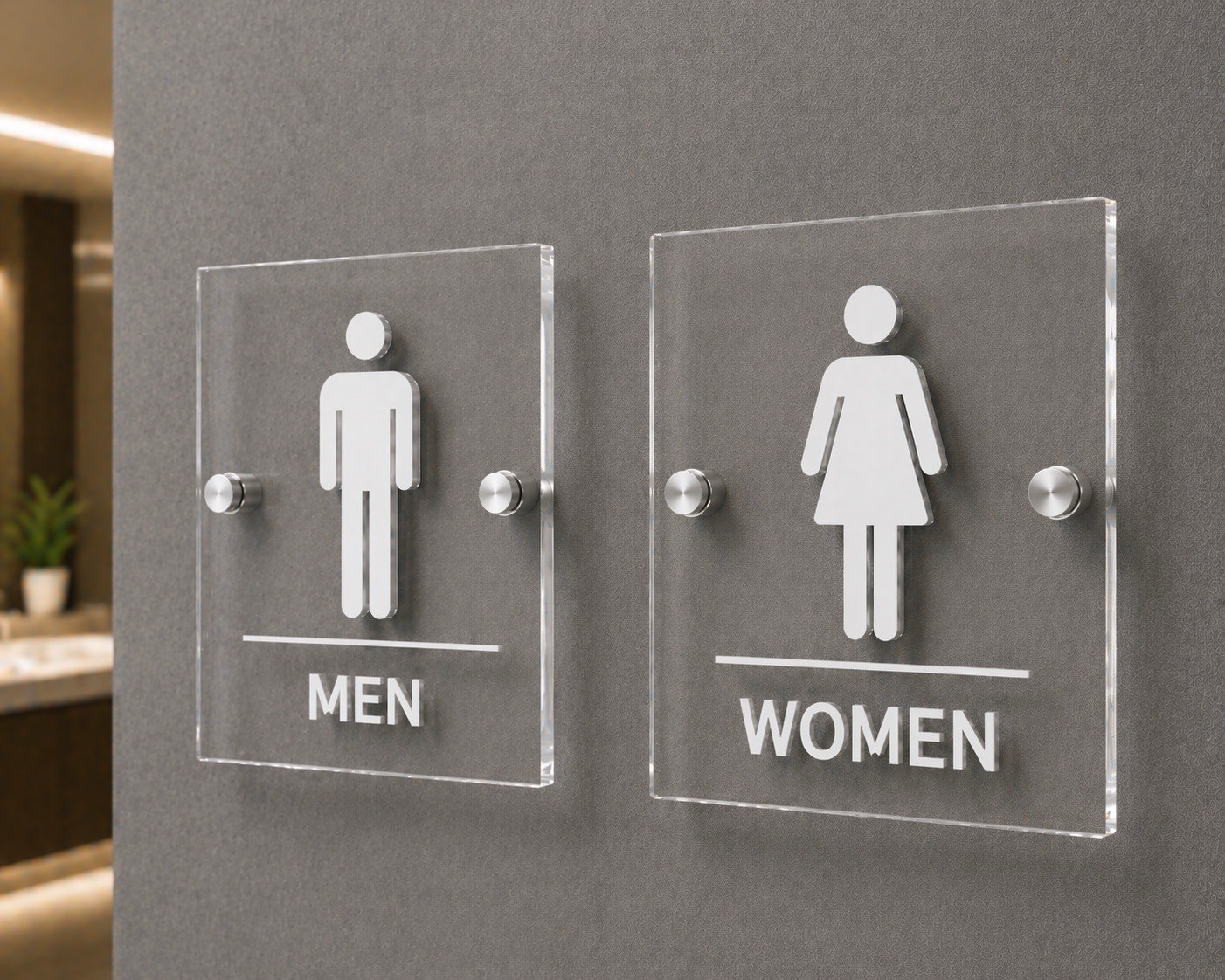 Acrylic Restroom Sign Men Women Clear 3D Raised Icon Custom Bathroom Door Sign