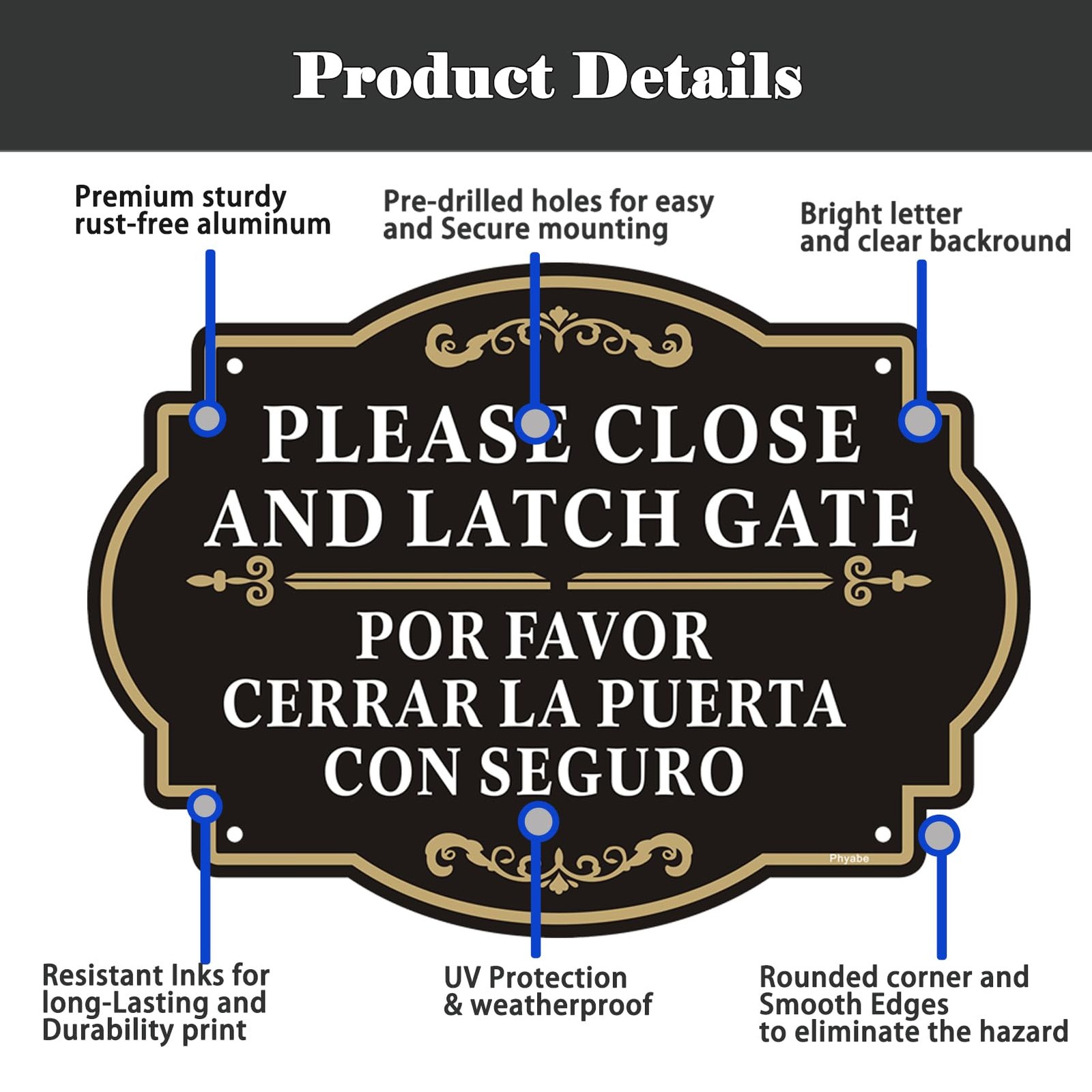 2 Pack 10×7 In Bilingual English Spanish Close Latch Gate Aluminum Metal Sign