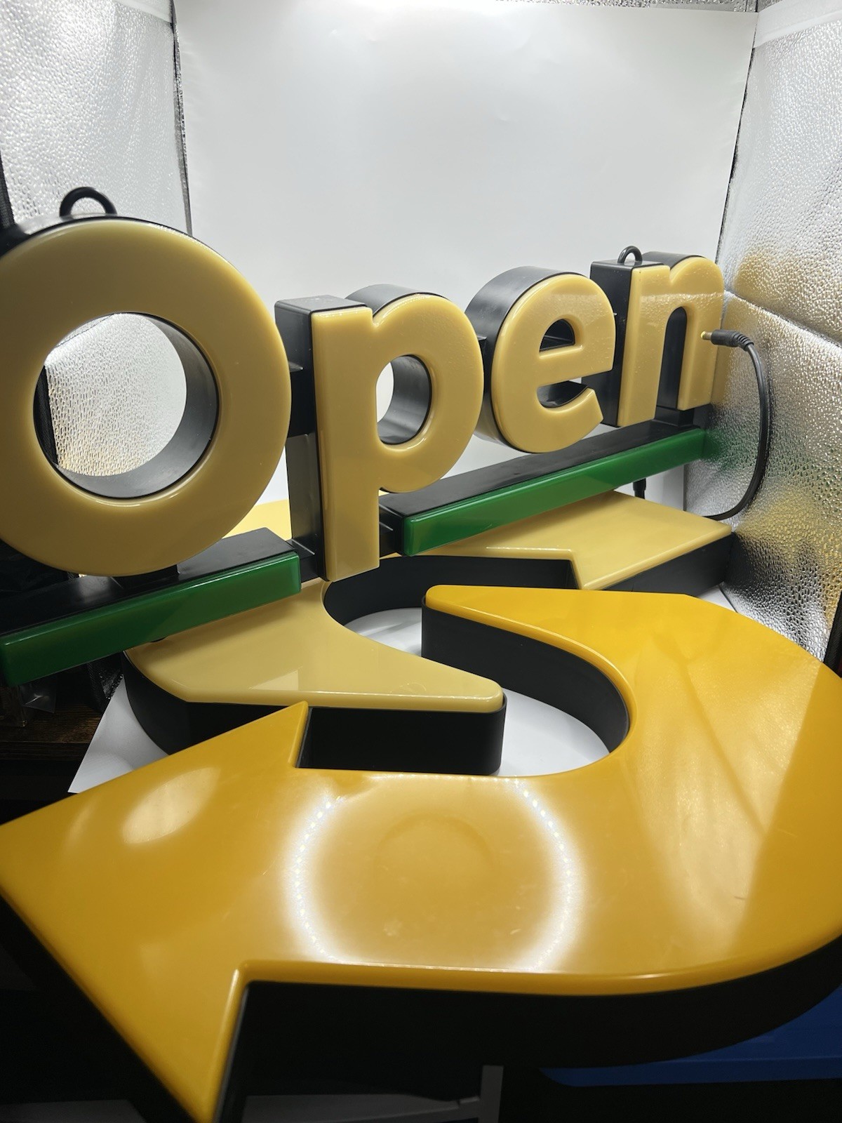 LED Illuminated “Open” Retail Sign, Plastic Multi-Color wGreen Accent Bar