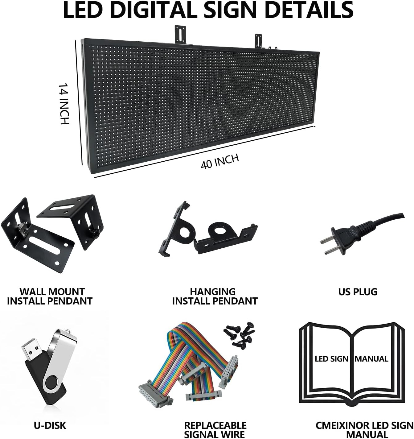 High Brightness P10 Programmable LED Sign for Business, Wifi Control, 40″x14