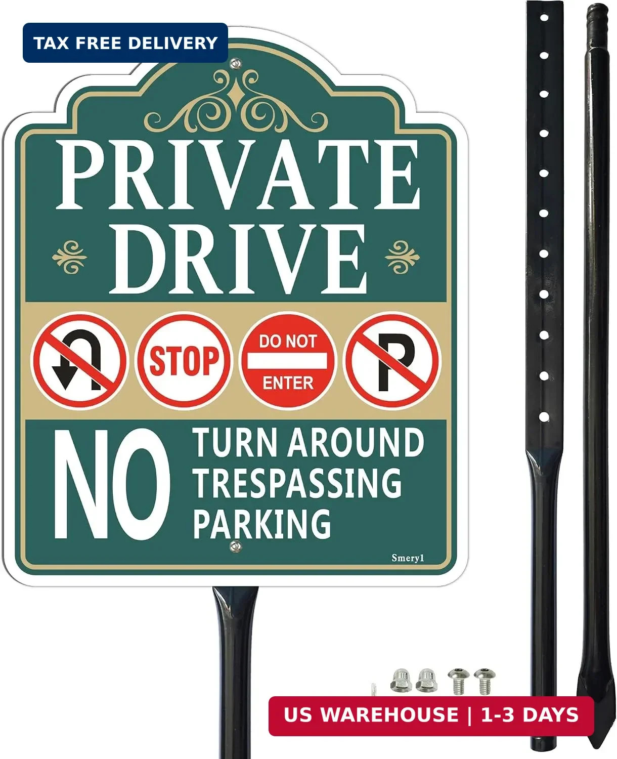 Private Drive No Turn Around Sign with 34.6″ Stake for Yard, 12″ x 10″ Private D
