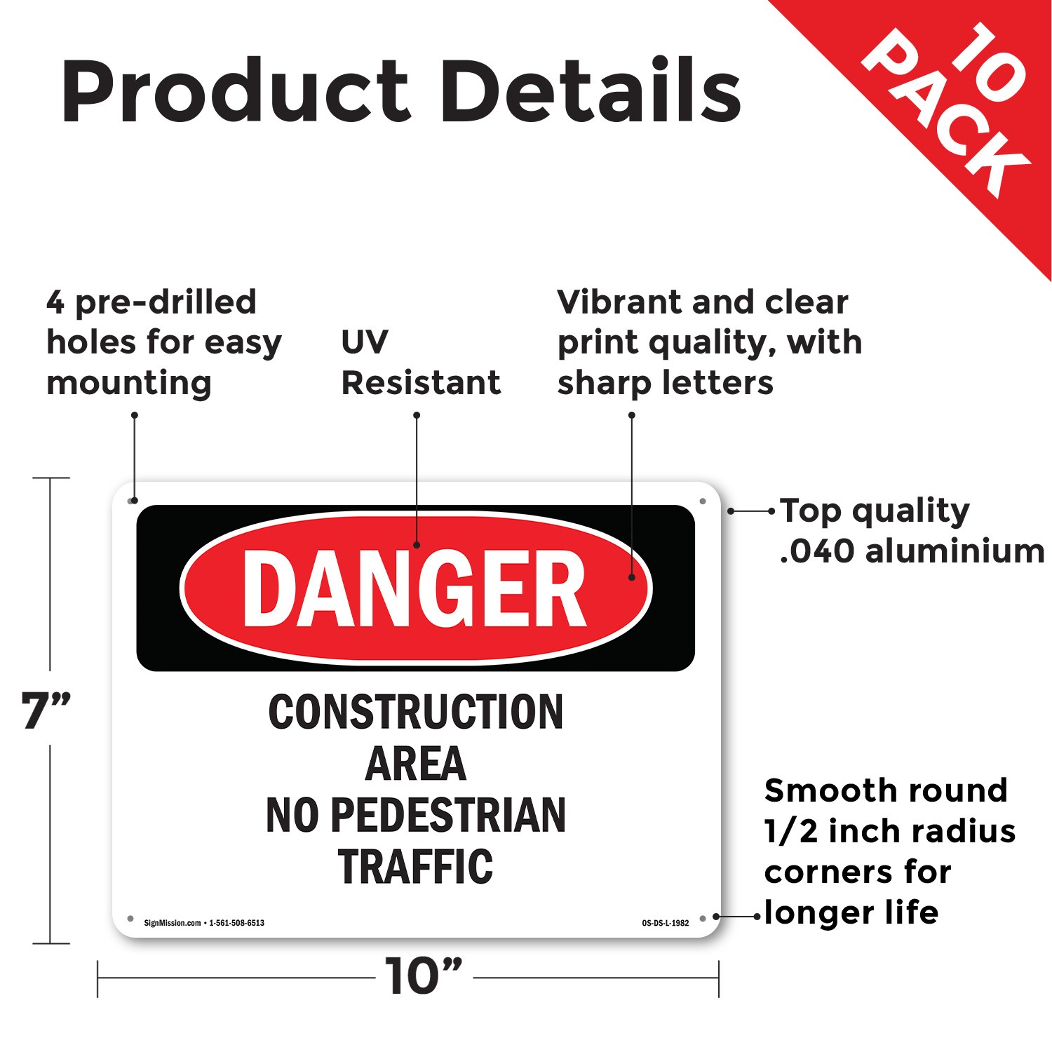 Construction Area No Pedestrian Traffic OSHA Danger Sign Or Decal – 5 or 10 Pack